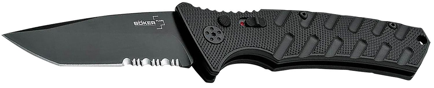 Boker Plus 01BO458 Strike Auto Pocket Knife 3.35" Tanto Serrated Black D2 Blade Aluminum Handle