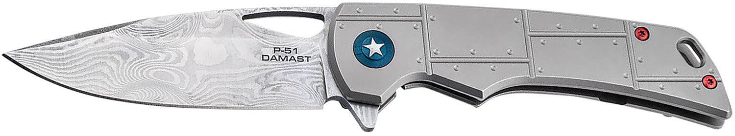 Boker Plus 01BO910DAM P-51 Damast 3.35" Drop Point Damascus Blade Titanium Handle