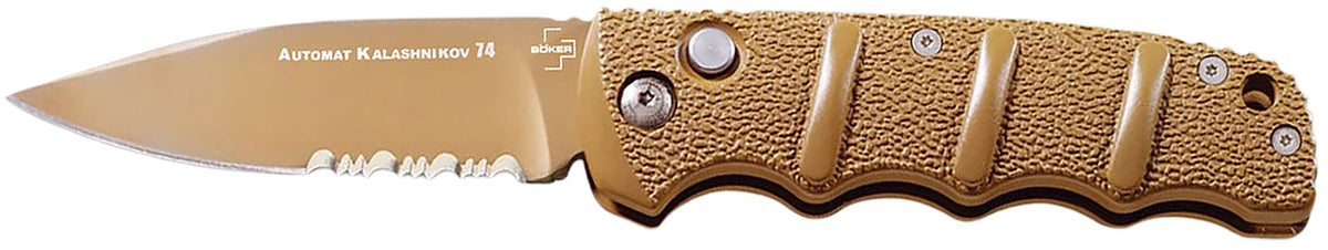 Boker Plus 01KALS103 Kalashnikov 3.35" Spear Point Plain/Serrated Desert D2 Blade Aluminum Handle