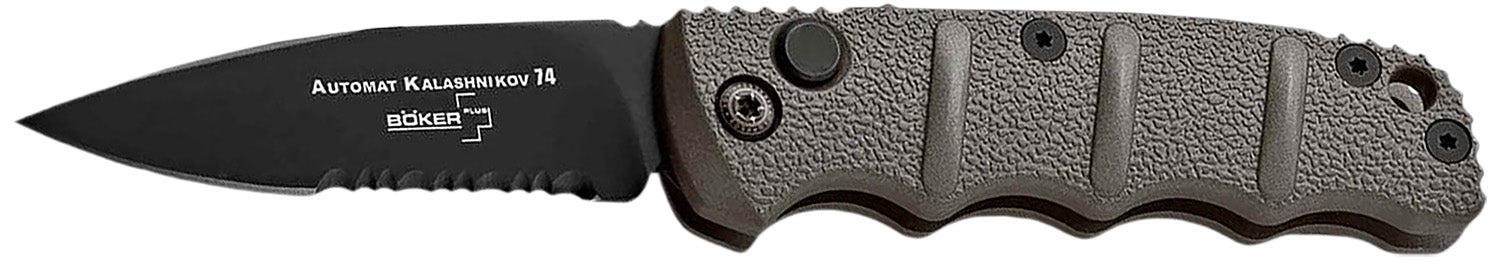 Boker Plus 01KALS96 Kalashnikov 2.52" Drop Point Plain/Serrated Black D2 Blade Gray Aluminum Handle