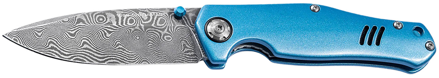 Boker 111101DAM 3.15" Drop Point Damascus Blade Blue Aluminum Handle Folding Knife