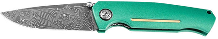 Boker 111102DAM 3.22" Drop Point Plain Damascus Blade Green Aluminum Handle Folding Knife