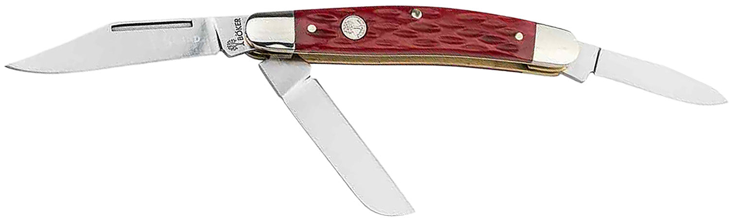 Boker 110855 Stockman Traditional Medium Pocket Knife D2 Steel Clip/Sheepsfoot/Spey Blade Red Jigged Bone Handle