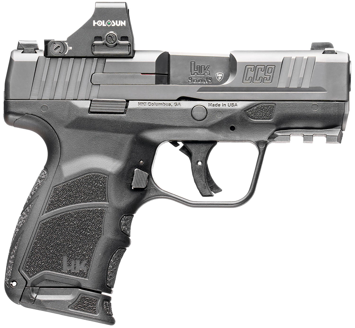 HK 81001131 CC9 9mm Luger 10+1/12+1 3.32" Black Polygonal Rifled Barrel, Optic Ready RMSc/407k Footprint/Serrated Steel Slide, Polymer Frame w/Picatinny Rail, Black Interchangeable Backstrap Grip