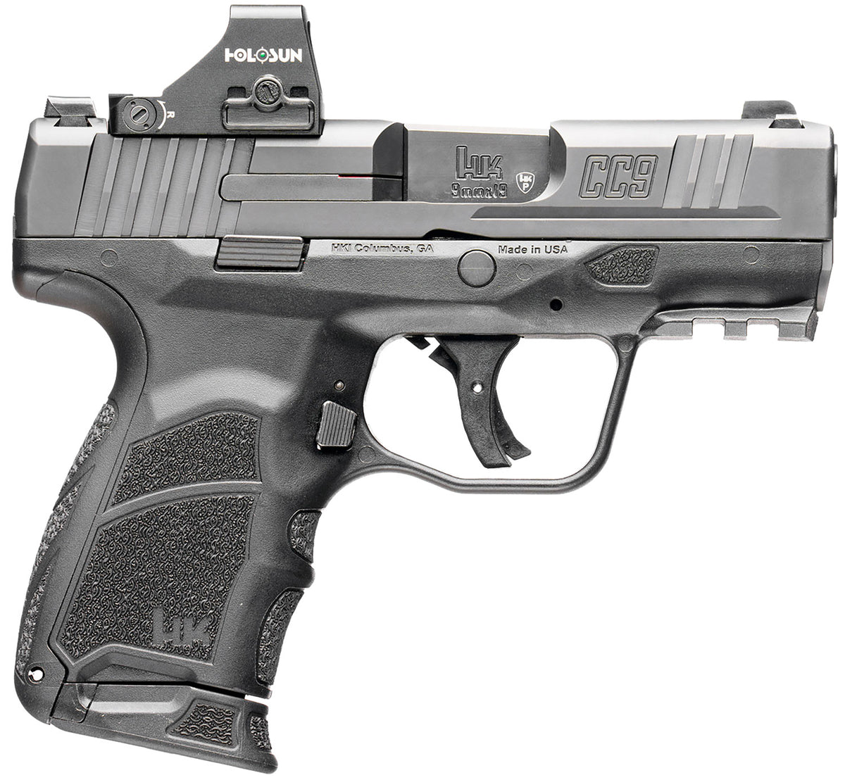 HK 81001132 CC9 9mm Luger 10+1 3.32" Black Polygonal Rifled Barrel, Optic Ready RMSc/407k Footprint/Serrated Steel Slide, Polymer Frame w/Picatinny Rail, Black Interchangeable Backstrap Grip