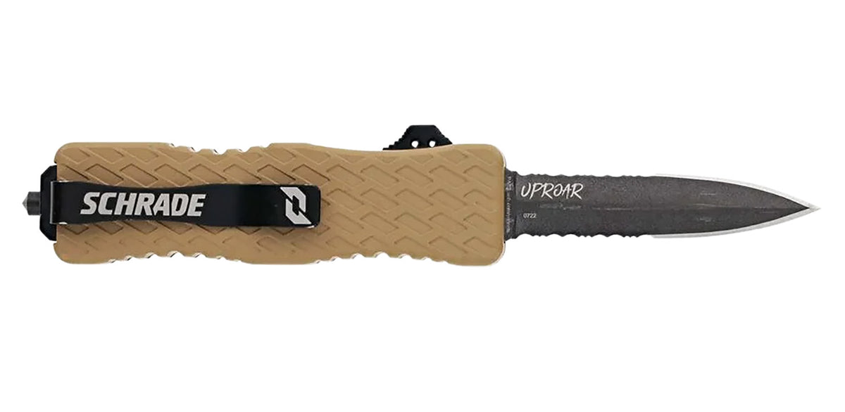 Schrade Uproar Automatic 3" OTF Dagger Part Serrated Black Oxide D2 Steel Blade FDE Textured Aluminum Handle