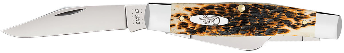 Case 00204 Large Stockman Folding Knife 3.30"/2.30"/2.20", Mirror Polished Carbon Steel Clip/Pen/Sheepsfoot Blades, Peach Seed Jigged Amber Bone Handle