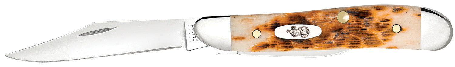 Case 00045 Peanut Folding Knife 2.10"/1.53", Tru-Sharp SS Clip Point/Pen Blades, Peach Seed Jigged Amber Bone Handle