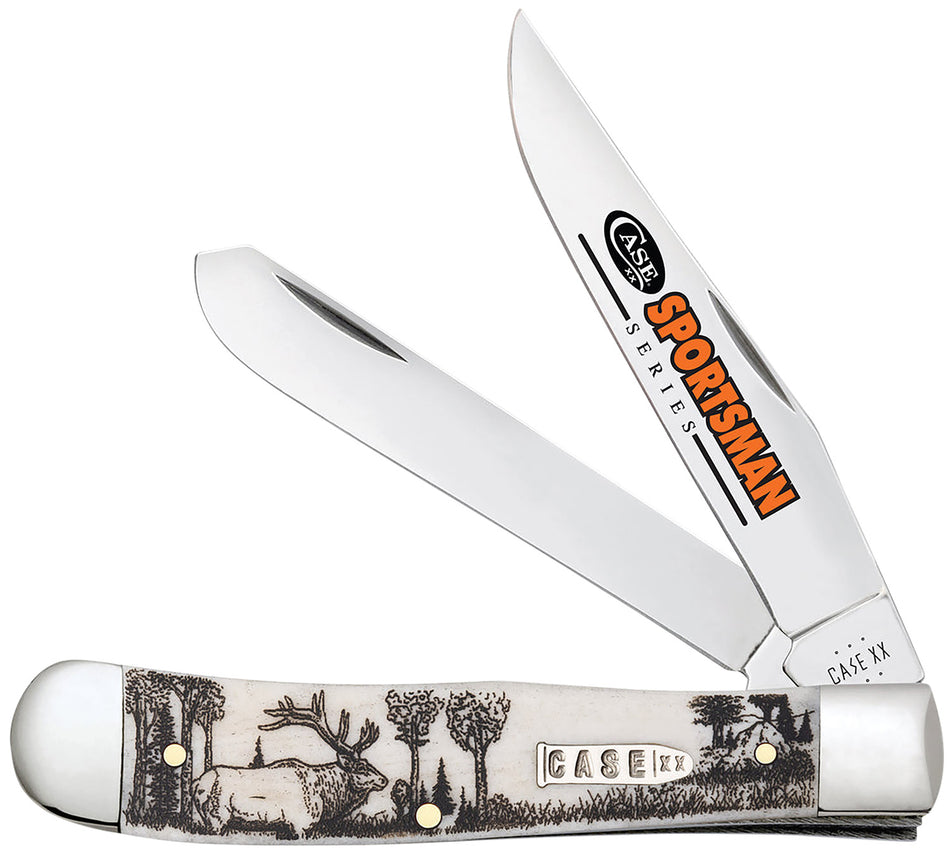 Case 81222 Trapper Sportsman Folding Knife, Clip Point/Spey Mirror Polished Tru-Sharp SS Blades, Elk Embellished Natural Bone Handle