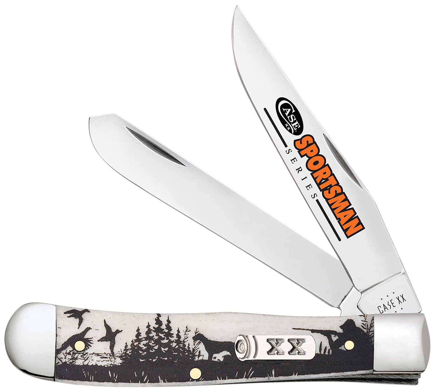 Case 81224 Trapper Sportsman Folding Knife, Clip Point/Spey Mirror Polished Tru-Sharp SS Blades, Bird Dog Hunter Embellished Natural Bone Handle