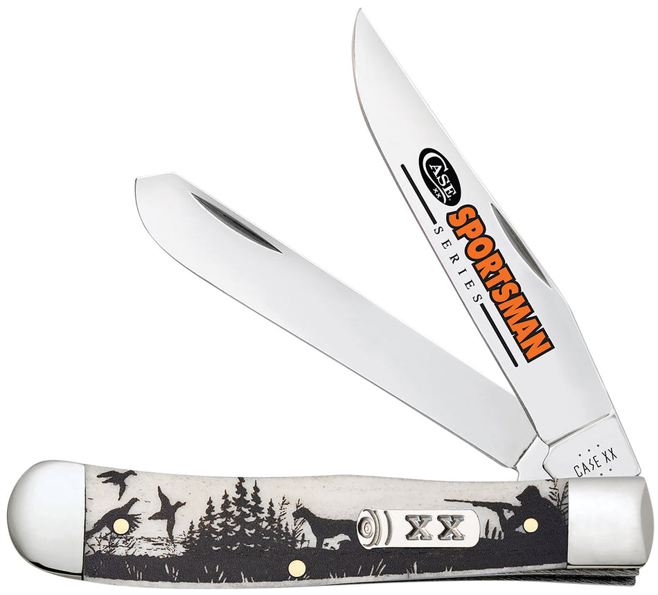 Case 81224 Trapper Sportsman Folding Knife, Clip Point/Spey Mirror Polished Tru-Sharp SS Blades, Bird Dog Hunter Embellished Natural Bone Handle