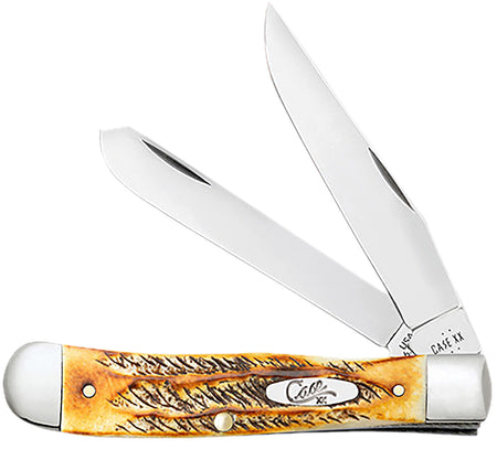 Case 65345 Trapper 3.25" Folding Knife with Pocket Clip, Tru-Sharp SS Blades, Burnt Dark Amber BoneStag Handle