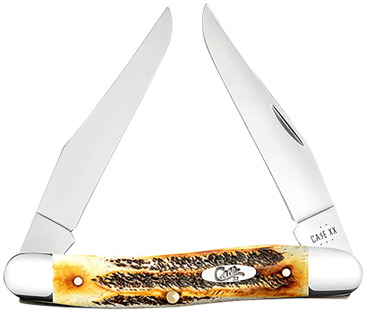 Case 65346 Muskrat 2.90" Folding Knife, Dual Clip Point Tru-Sharp SS Blades, Burnt Dark Amber BoneStag Handle