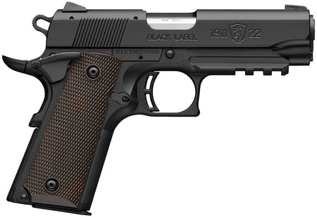 Browning 051066490 1911 Black Label Compact Frame 22 LR 10+1 3.63" Stainless Steel Barrel, Matte Black Serrated Slide, Matte Black Aluminum Frame w/Picatinny Rail, Brown Composite Grip