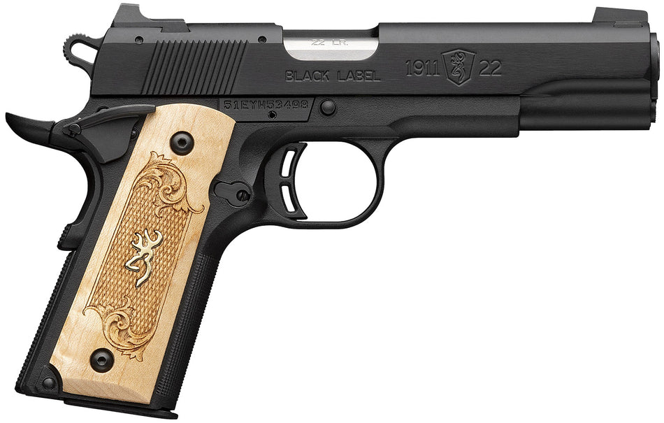 Browning 051067490 1911-22 Black Label Medallion Full Size Frame 22 LR 10+1 4.25" Stainless Steel Barrel, Matte Black Serrated Slide, Matte Black Aluminum Frame w/Beavertail, Maple Medallion Grip