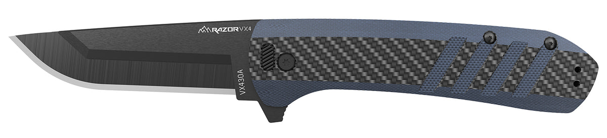 Outdoor Edge Razor VX4 VX430CC 3" Folding Plain Blade Knife, Carbon Fiber/Blue Handle