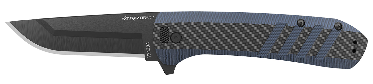 Outdoor Edge Razor VX4 VX430CC 3" Folding Plain Blade Knife, Carbon Fiber/Blue Handle
