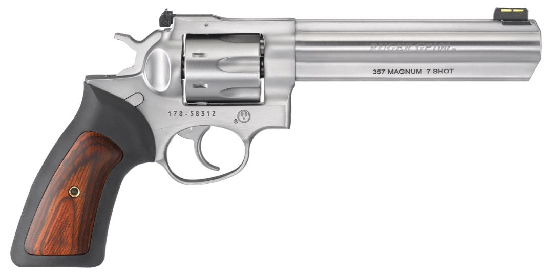 Ruger 1773 GP100 357 Mag 7 Shot, 6" Satin Stainless Steel Barrel, Satin Stainless Cylinder, Satin Stainless Steel Frame, Black Rubber w/Wood Insert Grip, Exposed Hammer