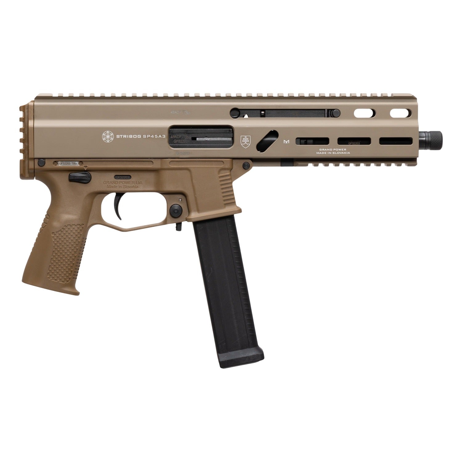 Grand Power 197892004794 SP45A3 Stribog 45 ACP 20+1 8" Black Threaded Barrel, Flat Dark Earth Cerakote Aluminum/Polymer Receiver w/Picatinny Rail, QD Sling Sockets, FDE Polymer Grip, Ambidextrous
