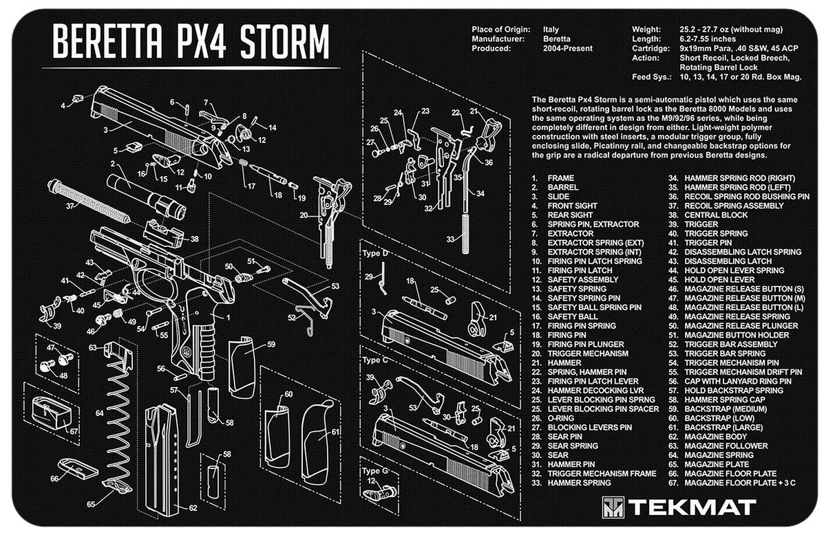 TekMat Beretta Px4 Storm Parts Diagram Cleaning Mat Black/White Rubber 11"x17"