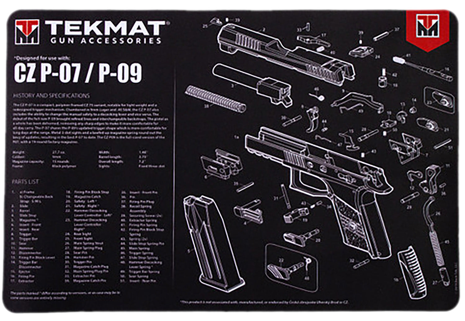 TekMat CZ P-07/P-09 Parts Diagram Cleaning Mat Black/White Rubber 11"x17"