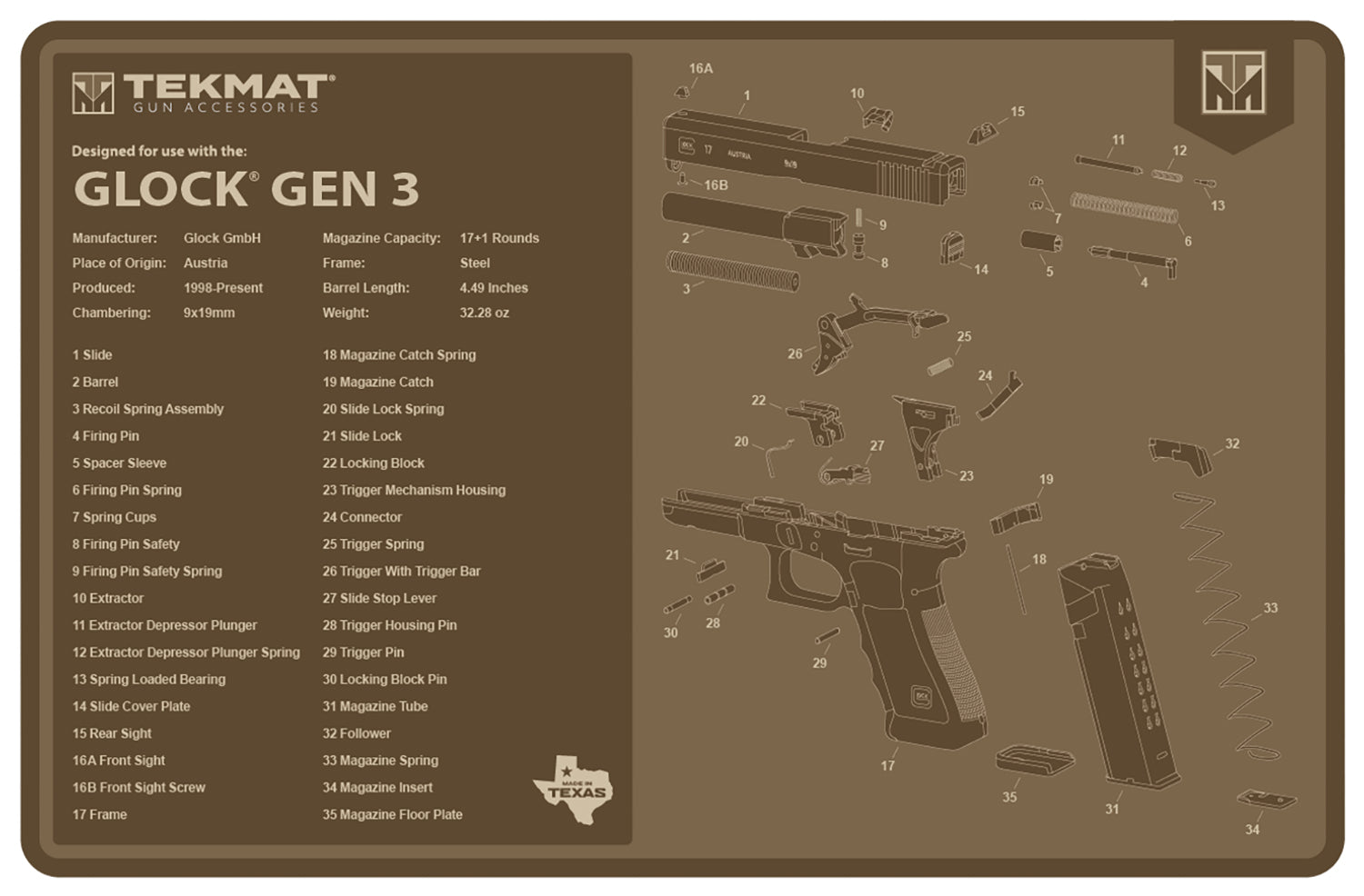 TekMat Glock Gen 3 Parts Diagram Cleaning Mat Flat Dark Earth Rubber 11"x17"