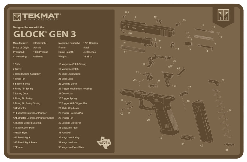 TekMat Glock Gen 3 Parts Diagram Cleaning Mat Flat Dark Earth Rubber 11"x17"