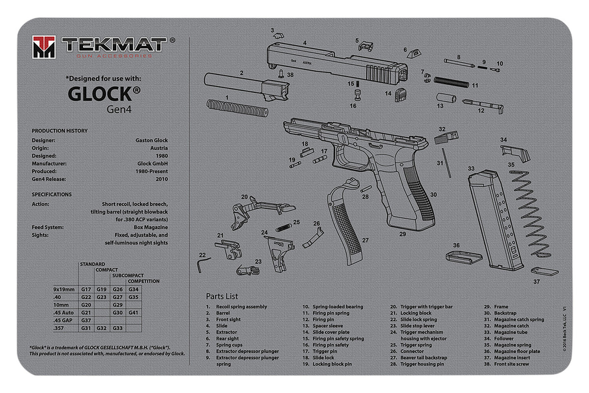 TekMat Glock Gen 4 Parts Diagram Cleaning Mat Gray Rubber 11"x17"