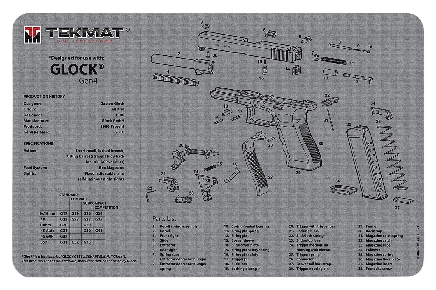 TekMat Glock Gen 4 Parts Diagram Cleaning Mat Gray Rubber 11"x17"