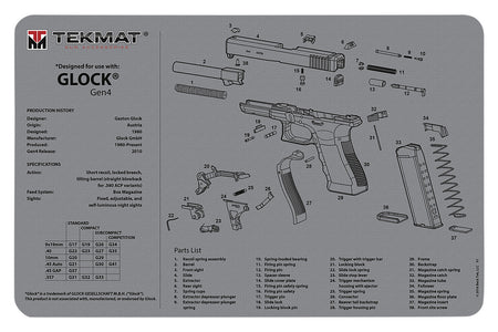 TekMat Glock Gen 4 Parts Diagram Cleaning Mat Gray Rubber 11"x17"