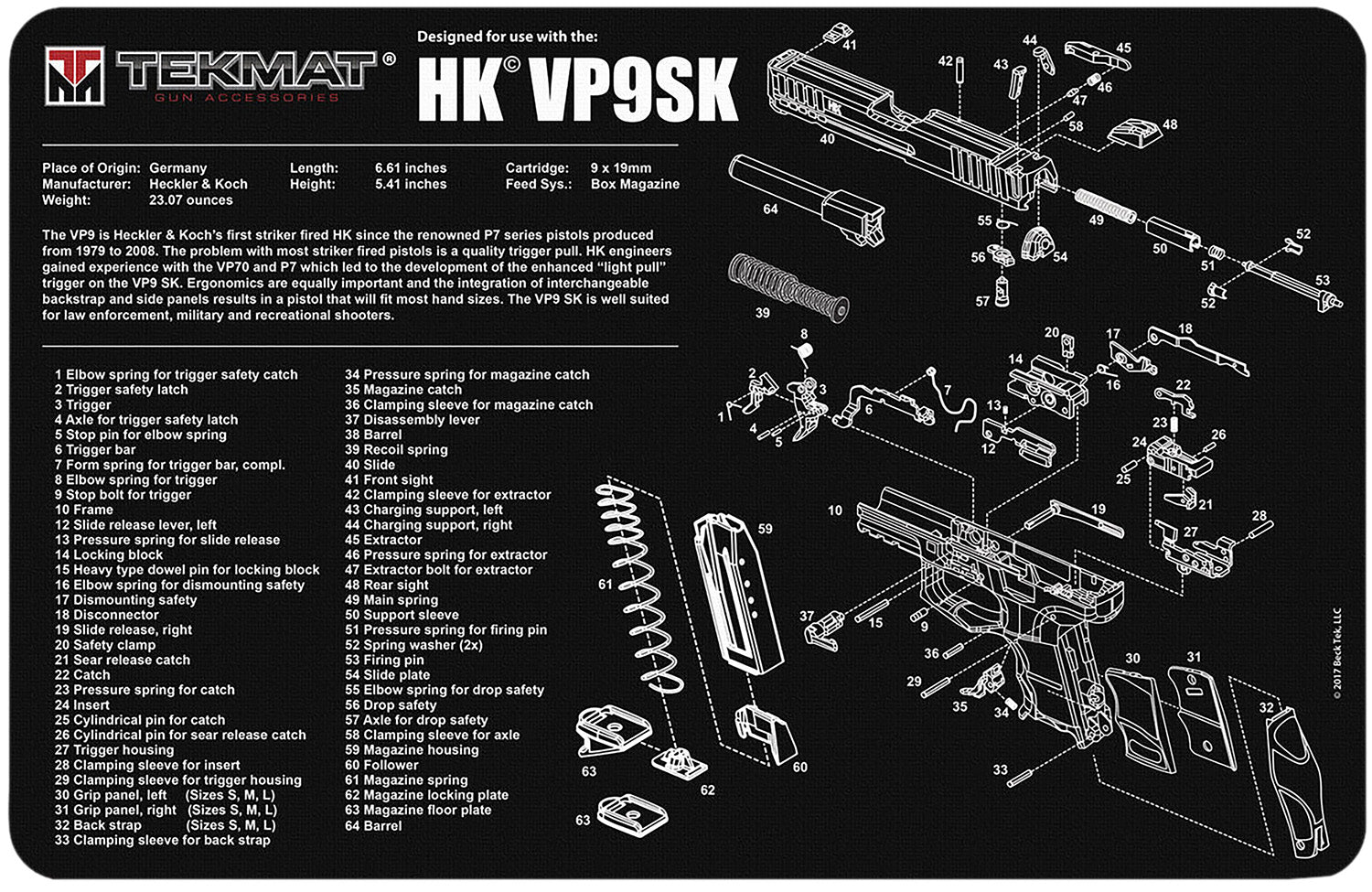 TekMat HK VP9SK Parts Diagram Cleaning Mat Black/White Rubber 11"x17"