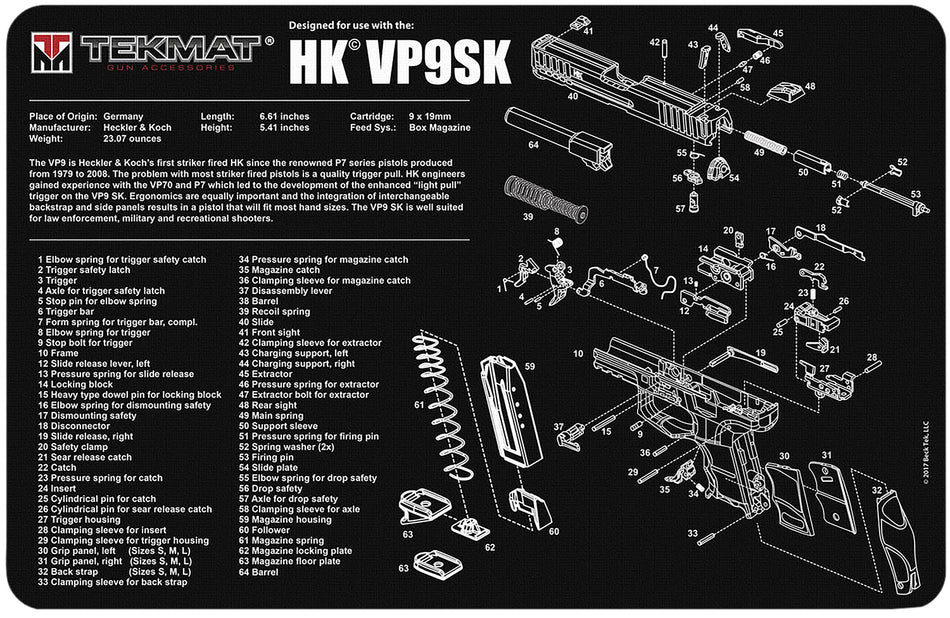 TekMat HK VP9SK Parts Diagram Cleaning Mat Black/White Rubber 11"x17"