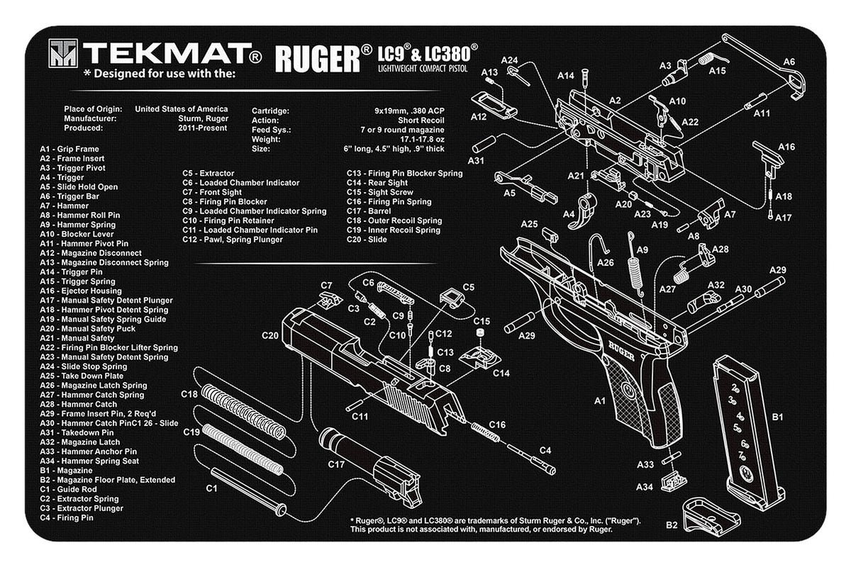 TekMat Ruger LC9 Gun Cleaning Mat 11"x17" Black/White Rubber with Parts Diagram