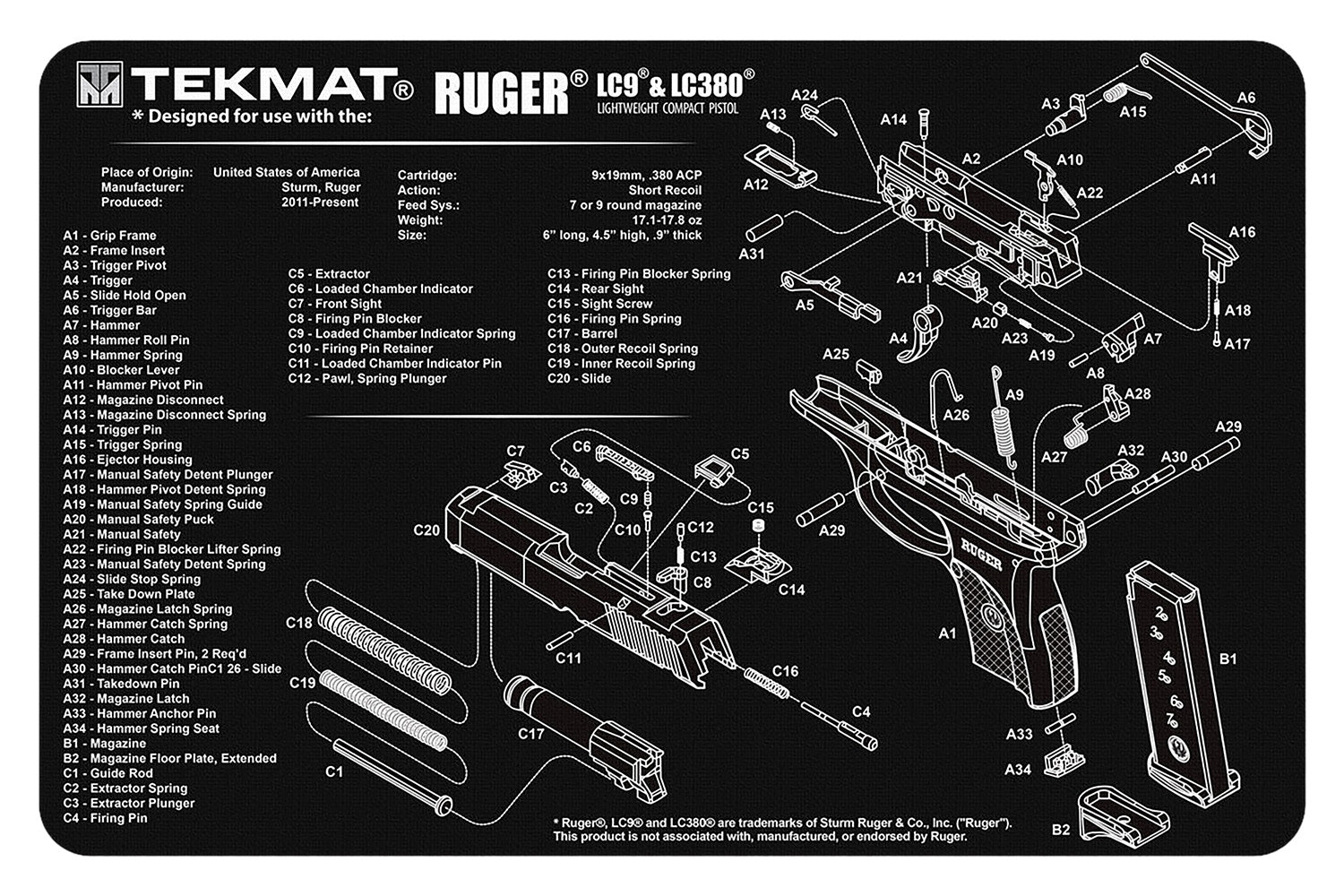 TekMat Ruger LC9 Gun Cleaning Mat 11"x17" Black/White Rubber with Parts Diagram
