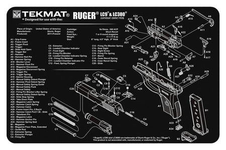 TekMat Ruger LC9 Gun Cleaning Mat 11"x17" Black/White Rubber with Parts Diagram