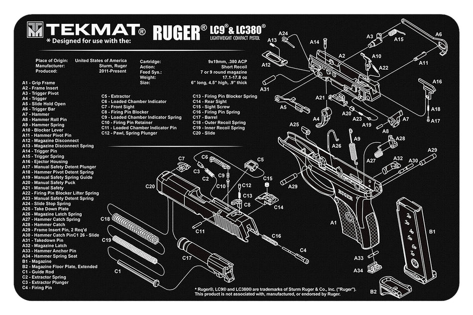 TekMat Ruger LC9 Gun Cleaning Mat 11"x17" Black/White Rubber with Parts Diagram