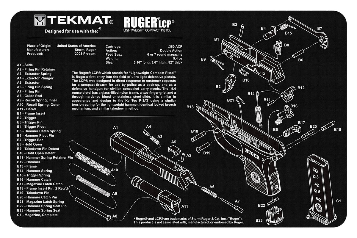 TekMat Ruger LCP Gun Cleaning Mat 11"x17" Black/White Rubber with Parts Diagram