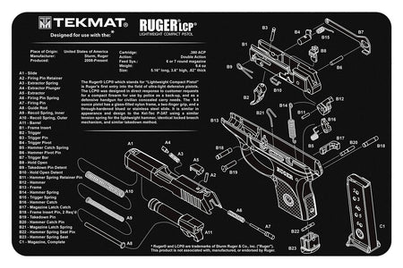 TekMat Ruger LCP Gun Cleaning Mat 11"x17" Black/White Rubber with Parts Diagram