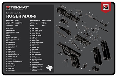 TekMat Ruger Max 9 Gun Cleaning Mat 11"x17" Black/White Rubber with Parts Diagram