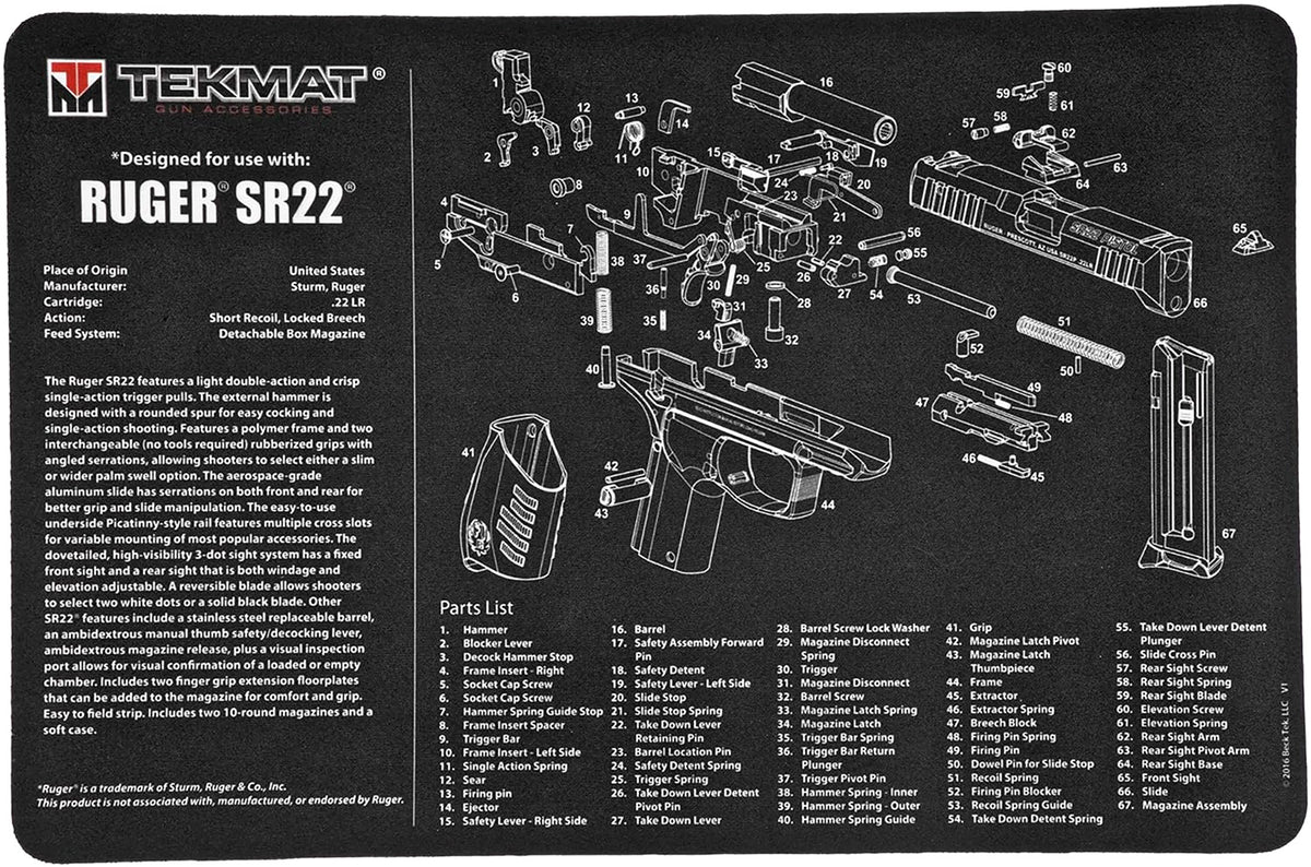 TekMat Ruger SR22 Gun Cleaning Mat 11"x17" Black/White Rubber with Parts Diagram