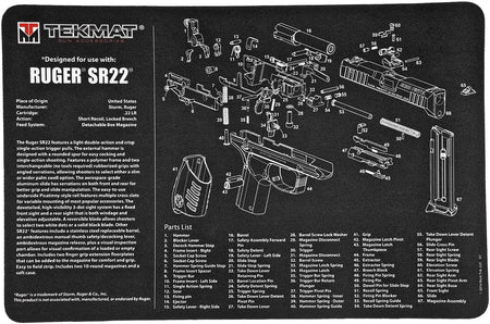 TekMat Ruger SR22 Gun Cleaning Mat 11"x17" Black/White Rubber with Parts Diagram