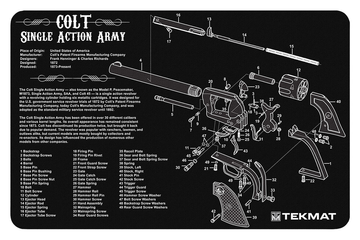 TekMat Colt Single Action Army Revolver Cleaning Mat 11"x17" Black/White Rubber with Parts Diagram