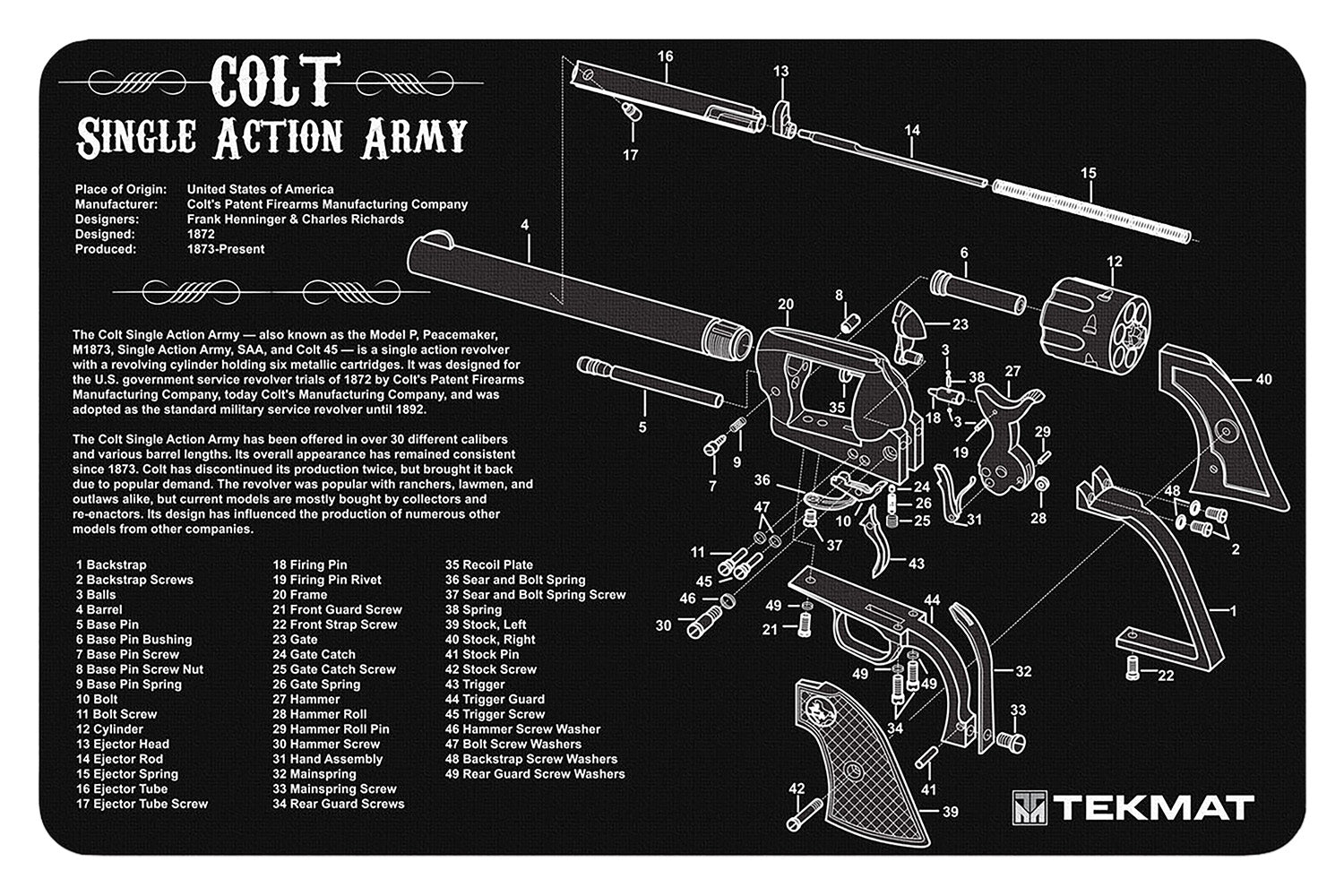 TekMat Colt Single Action Army Revolver Cleaning Mat 11"x17" Black/White Rubber with Parts Diagram