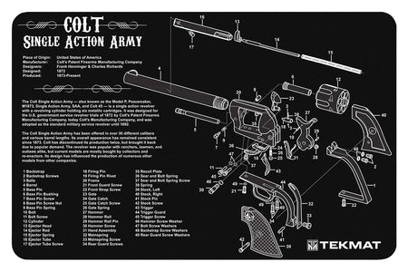 TekMat Colt Single Action Army Revolver Cleaning Mat 11"x17" Black/White Rubber with Parts Diagram