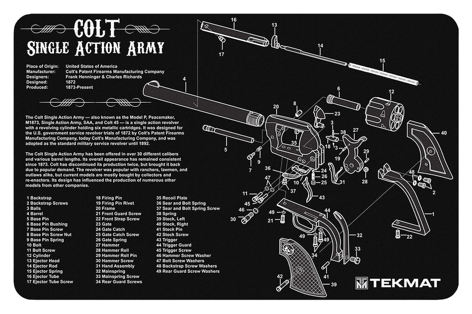 TekMat Colt Single Action Army Revolver Cleaning Mat 11"x17" Black/White Rubber with Parts Diagram