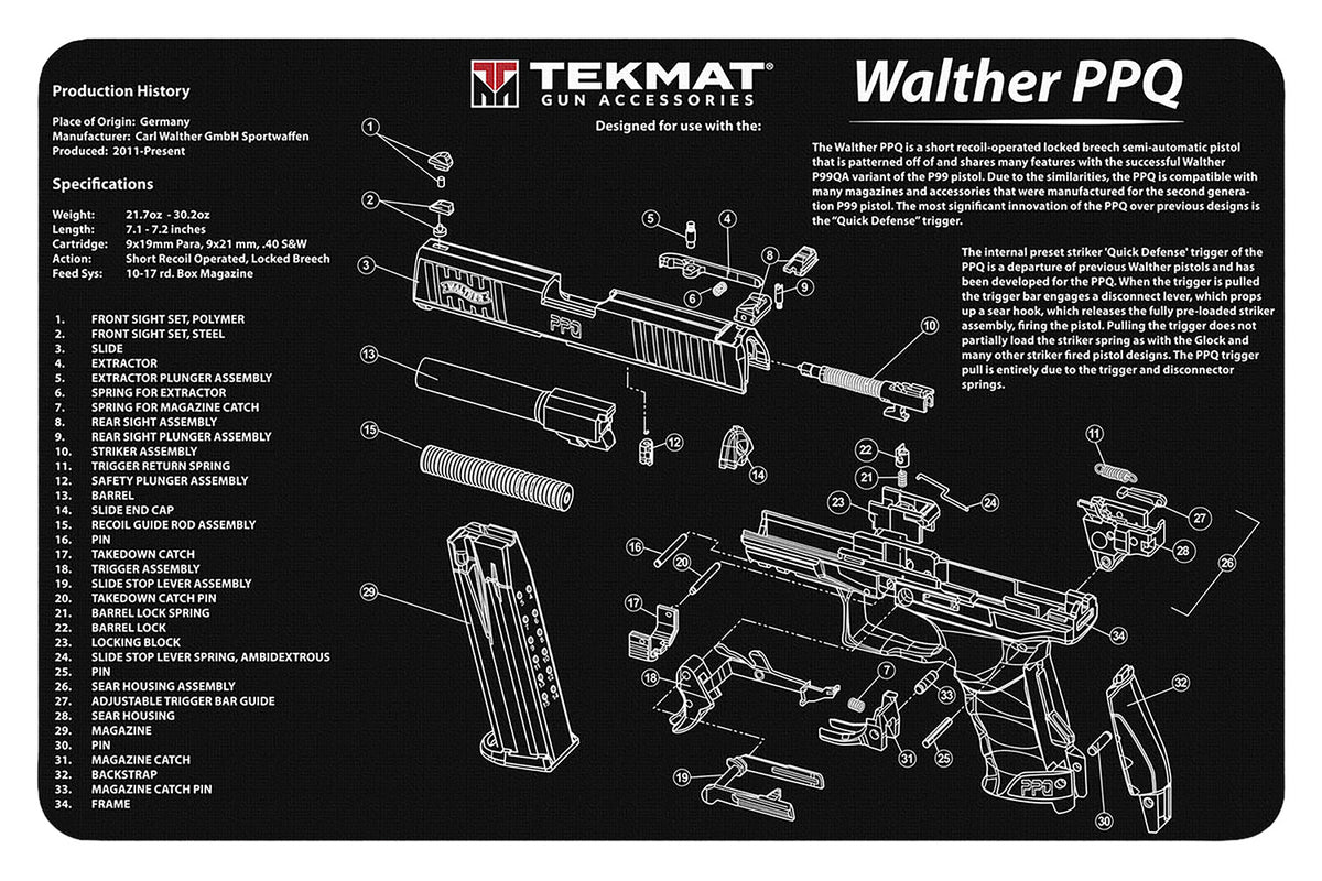 TekMat Walther PPQ Gun Cleaning Mat 11"x17" Black/White Rubber with Parts Diagram
