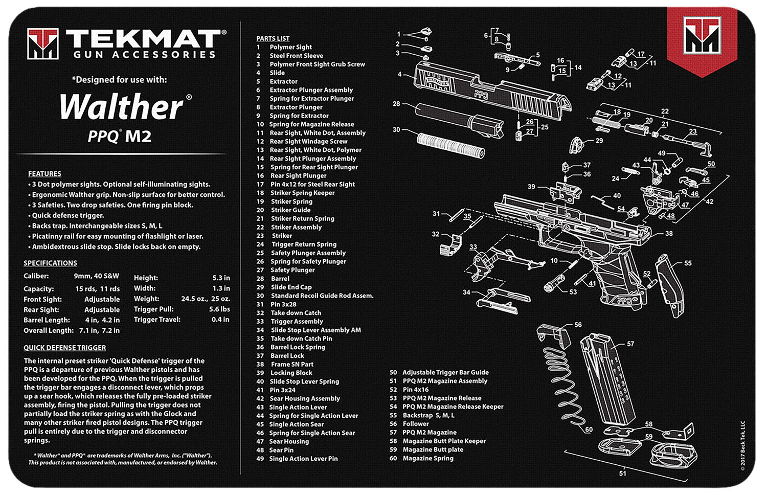 TekMat Walther PPQ MOD 2 Gun Cleaning Mat 11"x17" Black/White Rubber with Parts Diagram