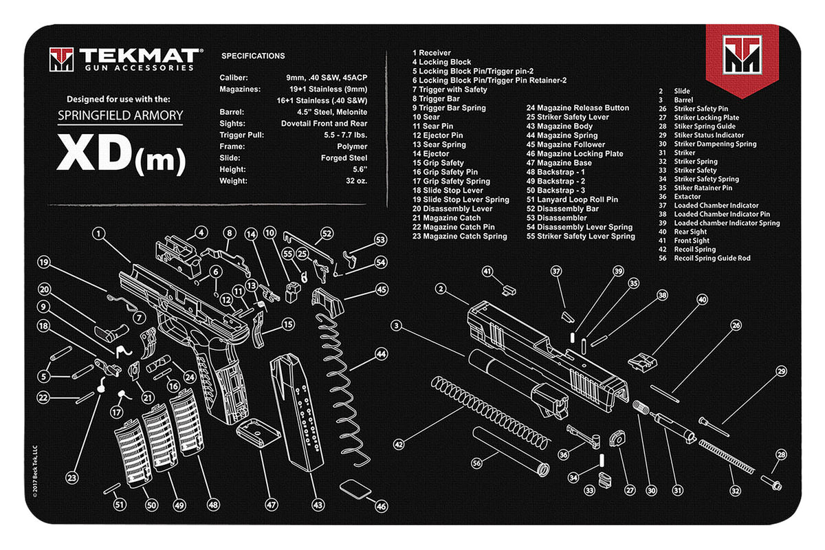 TekMat Springfield Armory XDm Gun Cleaning Mat 11"x17" Black/White Rubber with Parts Diagram