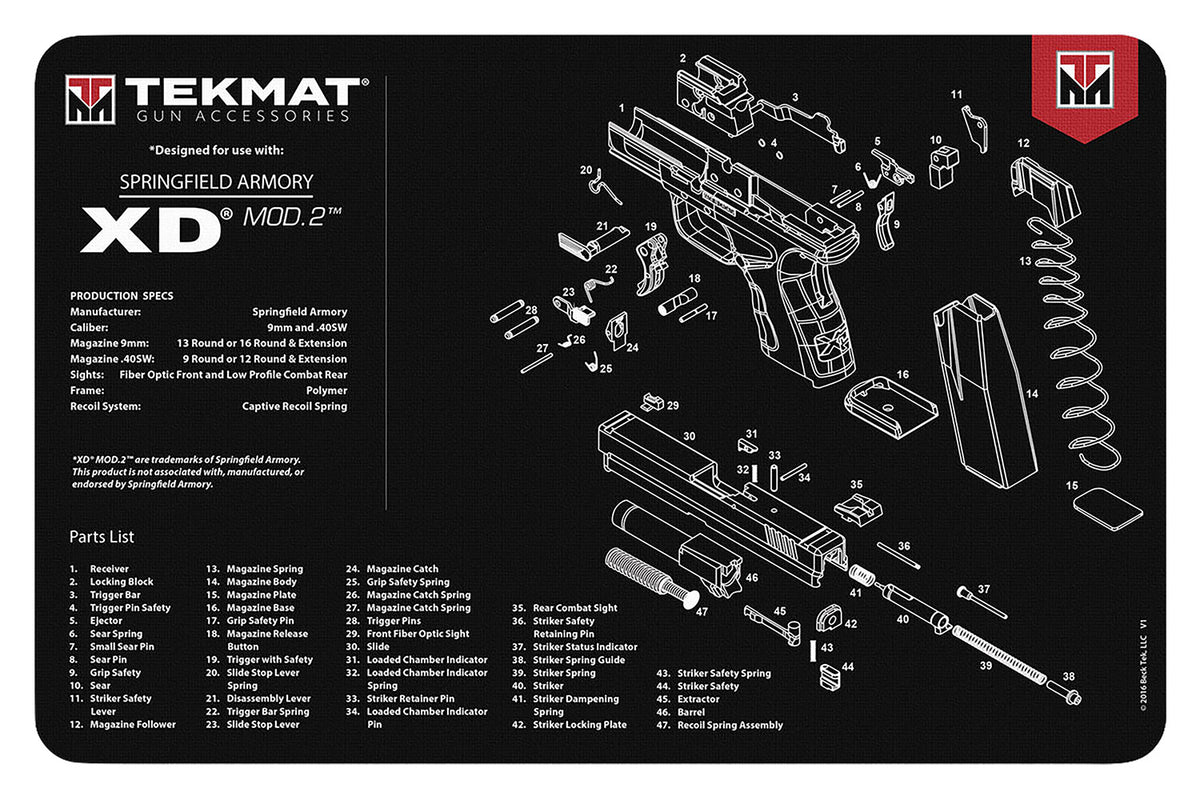 TekMat Springfield Armory XD MOD 2 Gun Cleaning Mat 11"x17" Black/White Rubber with Parts Diagram