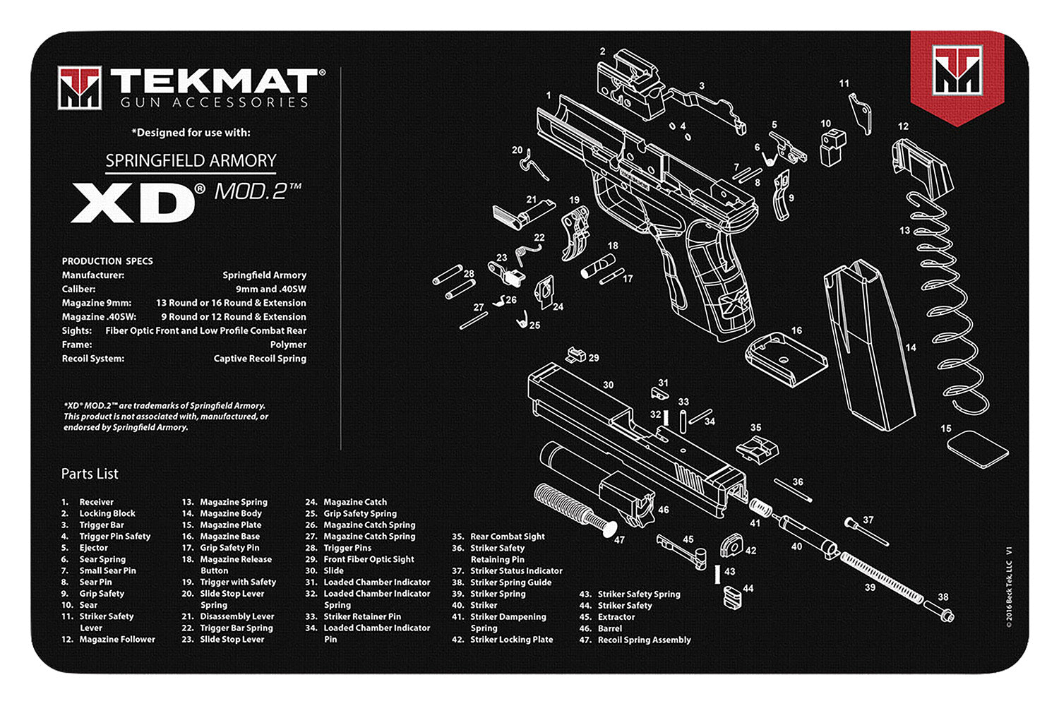 TekMat Springfield Armory XD MOD 2 Gun Cleaning Mat 11"x17" Black/White Rubber with Parts Diagram